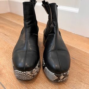 Leather black and white snakeskin platform boots